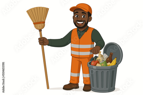 Cheerful male street cleaner professional with broom and trash can. Vector graphic of a happy African American sanitation worker doing his job in uniform for community service design.