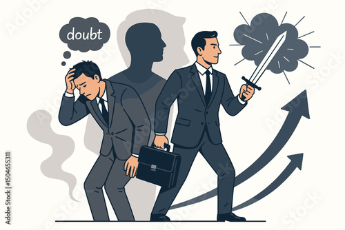 Conceptual vector illustration of a businessman battling inner doubt and fear, transforming into a determined leader holding a sword, symbolizing growth, success, and confidence.