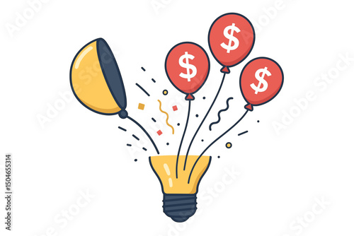 Innovation lightbulb opens releasing red dollar sign balloons and confetti, symbolizing profitable ideas, business launch, financial success, and monetary growth. Vector graphic.