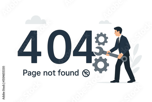 Businessman repairing 404 page not found error with wrench and gears. Website maintenance and technical support concept vector illustration for unavailable pages or connection problems.