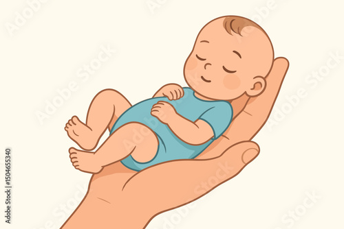 Gentle Parent Hand Holding a Sleeping Newborn Baby in Blue Onesie Vector Illustration for Childcare, Announcements, and Parenting Themes. Soft Colors, Caring Concept Art Design.