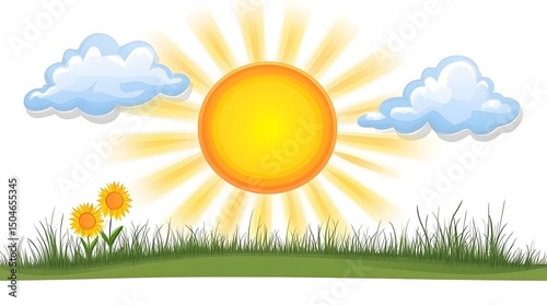 Sunny Day Cartoon Illustration with Sun, Clouds, Grass and Flowers