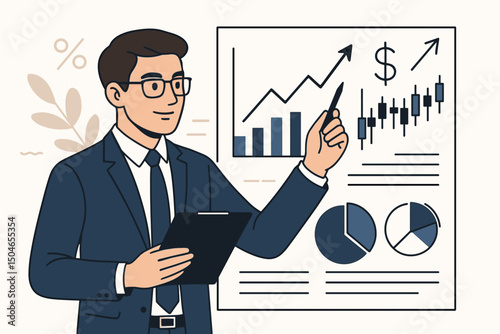 Business consultant presenting financial analysis and market insights. Vector graphic showing charts, graphs, stock trends, and data visualization for corporate strategy and growth.