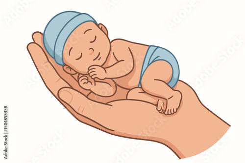 Gentle Hand Holding Sleeping Newborn Baby Boy in Blue Cap and Diaper - Vector Illustration for Parenting, Childcare, Love, and Protection Concepts on White Background.