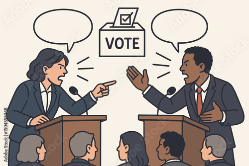 Intense political debate illustration featuring diverse candidates arguing at podiums, election concept with vote box and empty speech bubbles for custom text and messaging.
