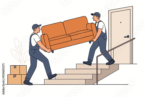 Professional movers carrying a large orange sofa up the stairs during a house relocation. Teamwork concept for delivery service, furniture moving company vector illustration.