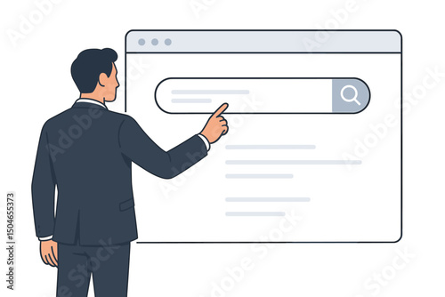 Businessman interacting with a digital web search interface, data browsing and online information retrieval concept, user searching on modern internet browser vector illustration