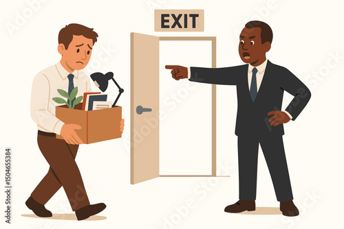 Business manager pointing towards exit, firing a dejected employee carrying personal items in a box. Vector art illustrating layoff, job termination, dismissal, unemployment crisis.