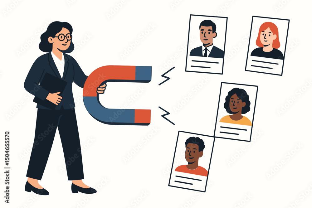 Human resources concept: businesswoman recruiter attracting diverse candidate profiles with a large magnet, symbolizing talent acquisition and workforce hiring strategy vector art. Human resources concept: businesswoman recruiter attracting diverse candidate profiles with a large magnet, symbolizing talent acquisition and workforce hiring strategy vector art.