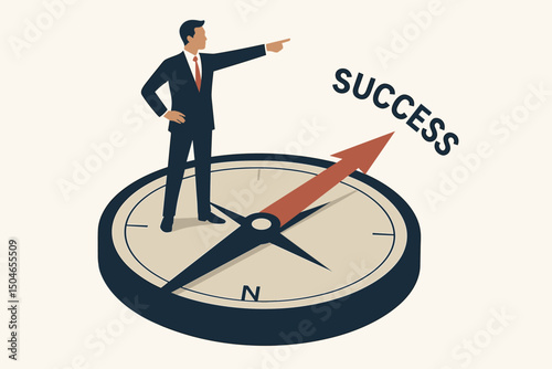 Businessman standing on a compass pointing towards success, vector illustration concept for business guidance, leadership, strategy, career direction, and achieving goals.