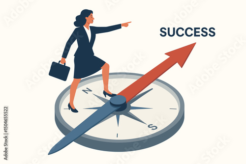 Vector illustration of a determined businesswoman navigating her career path towards success, walking on a compass arrow representing strategy, direction, guidance, and achieving goals.