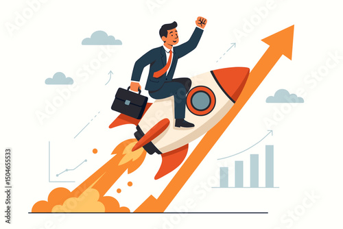 Businessman riding rocket launching upwards along growth arrow chart vector illustration. Entrepreneur achieving success, career boost, startup launch, business development concept.