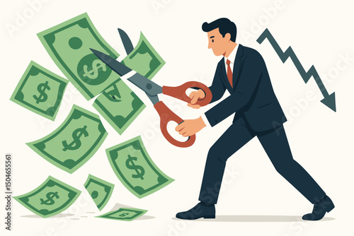 Flat Vector Illustration: Businessman uses giant scissors to cut falling dollar bills, representing cost cutting strategy, expense reduction, financial burden relief, and recession impact.