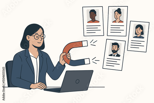 Human Resources manager using a magnet metaphor to attract diverse candidate resumes for job recruitment. Flat vector illustration concept for hiring strategy and talent acquisition.