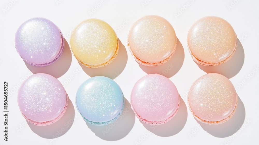 Fototapeta premium Eight macarons decorated with edible glitter in pastel