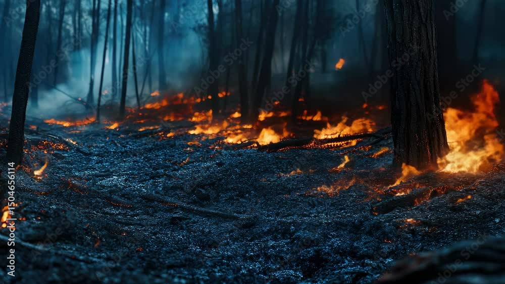 Scene of destruction from massive forest fire. Trees are burned and ash-covered, suggesting a recent and intense event.