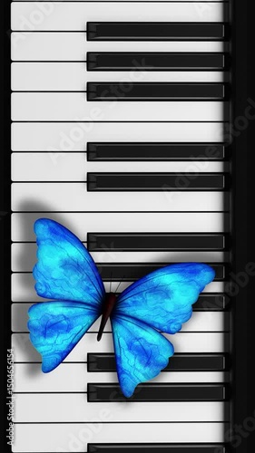 Vertical Blue Iridescent Butterfly Landing on Piano 4K Loop features a butterfly landing on a piano keys flapping blue liquid flowing wings and then taking off again in a vertical ratio loop.