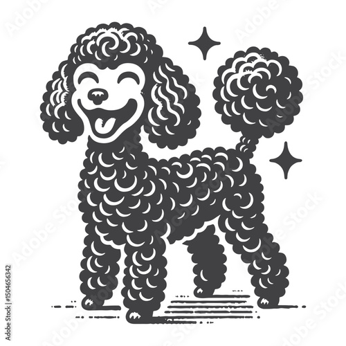 Vintage Hand-Drawn Happy Poodle with Wagging Tail Illustration – Joyful Pet Engraved Style Vector for T-Shirts, Posters, Stickers, and Dog Lover Apparel