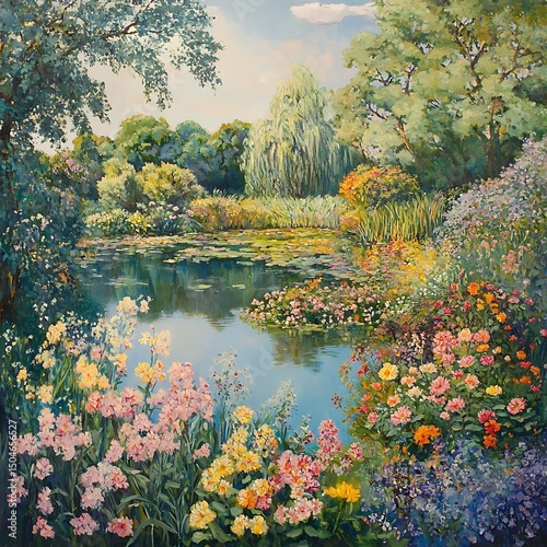 Sunset over a picturesque lake surrounded by vibrant blossoms