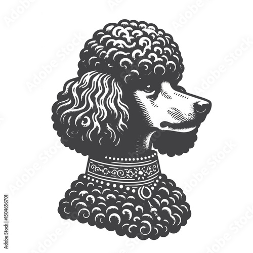 Vintage Hand-Drawn Poodle With Fancy Collar Illustration – Elegant Pet Accessory Engraved Style Vector for T-Shirts, Posters, Stickers, and Fashion Apparel