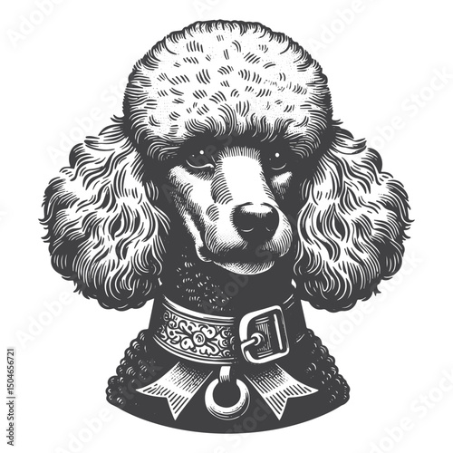 Vintage Hand-Drawn Poodle With Fancy Collar Illustration – Elegant Pet Accessory Engraved Style Vector for T-Shirts, Posters, Stickers, and Fashion Apparel