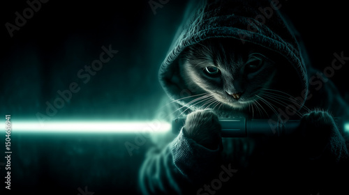 Cat in a hooded cloak holding glowing lightsaber in dark sci-fi setting.