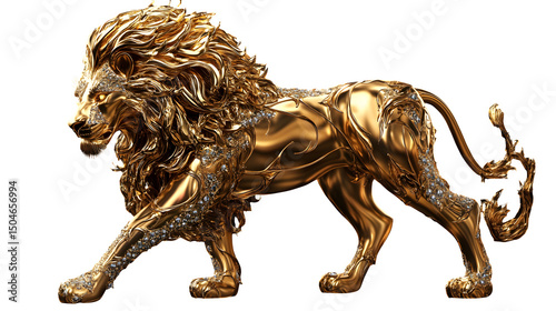 Gold-plated NFT lion, luxury design, diamond-studded mane, isolated on transparent background