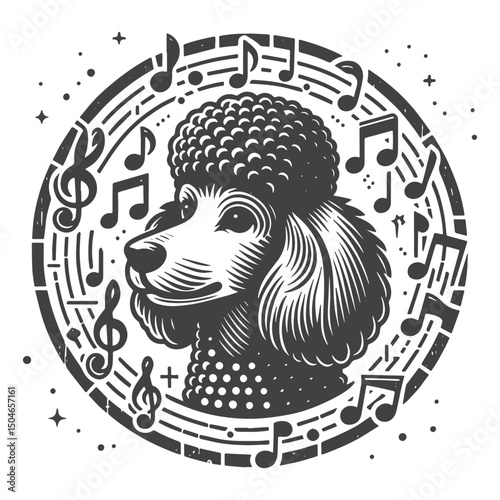 Vintage Hand-Drawn Poodle with Musical Notes Illustration – Melodic Engraved Style Vector for T-Shirts, Posters, Stickers, and Music Themes Apparel