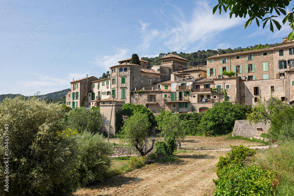 Obraz premium Valldemossa showing traditional stone houses with green shutters in majorca, spain