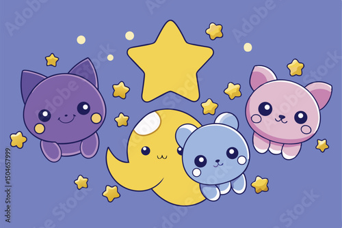Funny cartoon stars and the moon with cute animal characters and playful designs