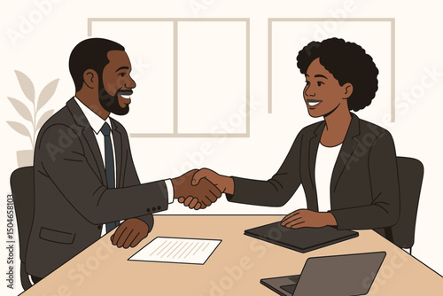 Diverse professionals closing a deal. Vector graphic of Black man and woman shaking hands across an office desk, celebrating a successful business agreement and partnership.