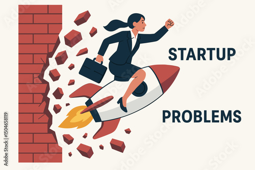Powerful businesswoman riding launching rocket breaks through brick wall, overcoming startup problems and obstacles. Vector illustration concept for business success, leadership, and ambition.