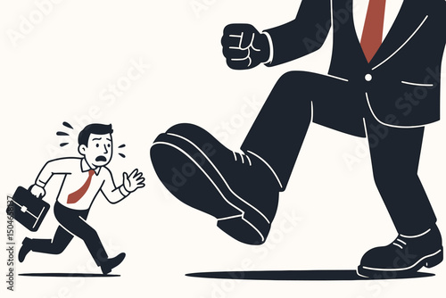 Frightened Employee Escapes Looming Giant Foot of Boss or Competitor, Metaphorical Vector Illustration of Job Pressure, Dismissal, Business Threat, and Unequal Power Dynamics.