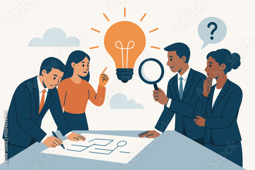 Business teamwork concept illustration shows diverse colleagues brainstorming ideas, planning strategy, analyzing with magnifying glass, and fostering innovation during a creative session.