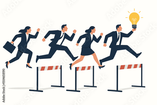 Vector illustration of business people racing over hurdles. Metaphor for overcoming corporate challenges, competition, leadership, and striving for innovative ideas and success.