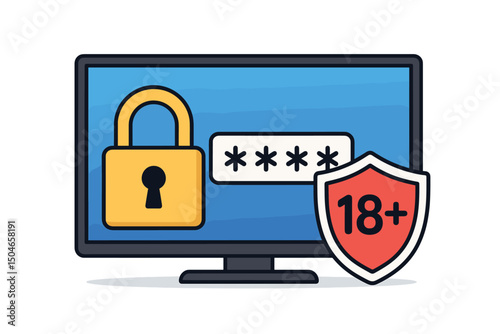Parental control concept with monitor screen showing padlock, password field, and 18+ age restriction shield for online safety and content filtering. Vector illustration for internet security.