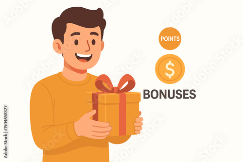 Loyalty reward program concept vector with happy man holding gift box. Illustration shows customer appreciation, earning points, bonus cash, and benefits through marketing promotions.