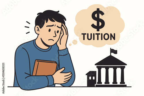 Vector illustration of a worried student contemplating the high cost of college tuition fees, symbolizing financial anxiety, education expenses, and student loan concerns.