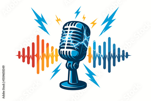 Vintage Studio Microphone Vector Logo Design with Dynamic Sound Waves and Energetic Lightning Bolts for Podcast, Broadcast, Music Production, and Audio Recording Concepts.