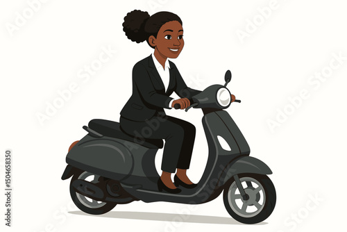Confident Black businesswoman in a formal suit riding a stylish grey scooter vector illustration. Modern urban commuting, professional female character, eco-friendly transportation concept.