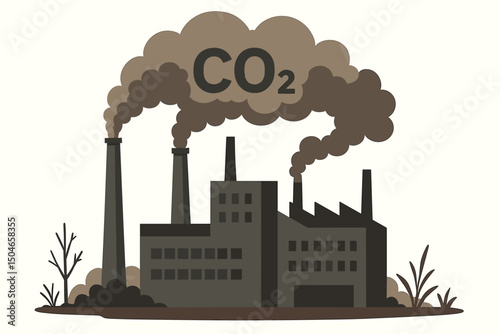 Paper cutout style vector graphic illustrating industrial emissions impact, with factory smokestacks releasing CO2 pollution smoke, representing climate change and carbon footprint.