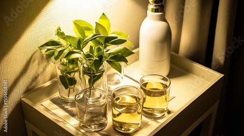 Serene table arrangement with fresh greens and refreshing beverages suggesting relaxation and wellness