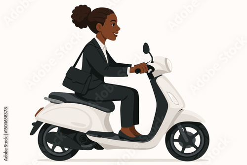 Professional African American businesswoman in a suit commuting to work on a white motor scooter, modern urban transport concept, isolated vector illustration for business themes.