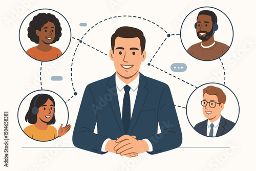 Professional businessman leading diverse remote team collaboration via online network. Virtual meeting, communication, and teamwork concept for modern business. Vector illustration.