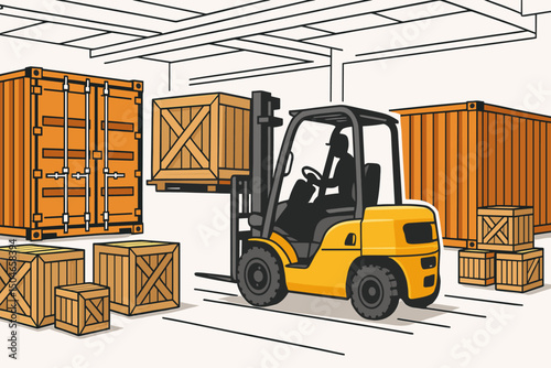 Industrial forklift vehicle transporting wooden crate pallet inside a modern warehouse storage facility, logistics and distribution concept vector art with shipping containers.