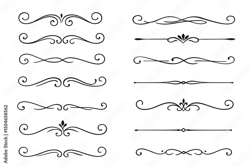 Vector illustration set featuring elegant text dividers, vintage separators, and ornate line rules. Classic calligraphic flourishes and decorative ornaments for invitations, menus, and web pages.
