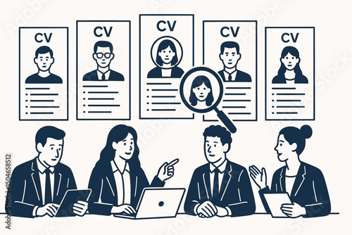 Recruitment team reviewing candidate CVs during hiring process meeting. Human resources professionals screening resumes with magnifying glass, selecting applicants concept vector.