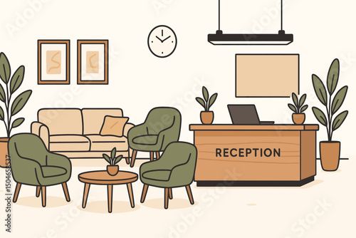 Stylish Reception Area and Waiting Lounge Vector Illustration. Modern Office Lobby Interior with Desk, Sofa, Armchairs, Plants, Clock, and Chic Decor. Business or Clinic Design Element.