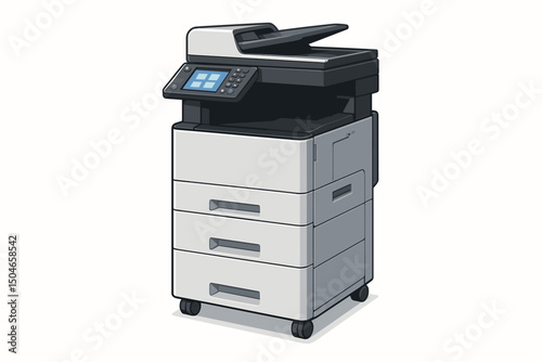 Vector graphic of a modern floor-standing office printer, copier, and scanner machine, isolated illustration representing business equipment, document workflow, and digital printing.