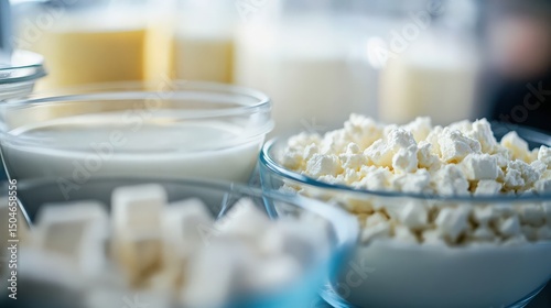 Variety of dairy products in glass containers visual composition with milk cheese and cottage cheese